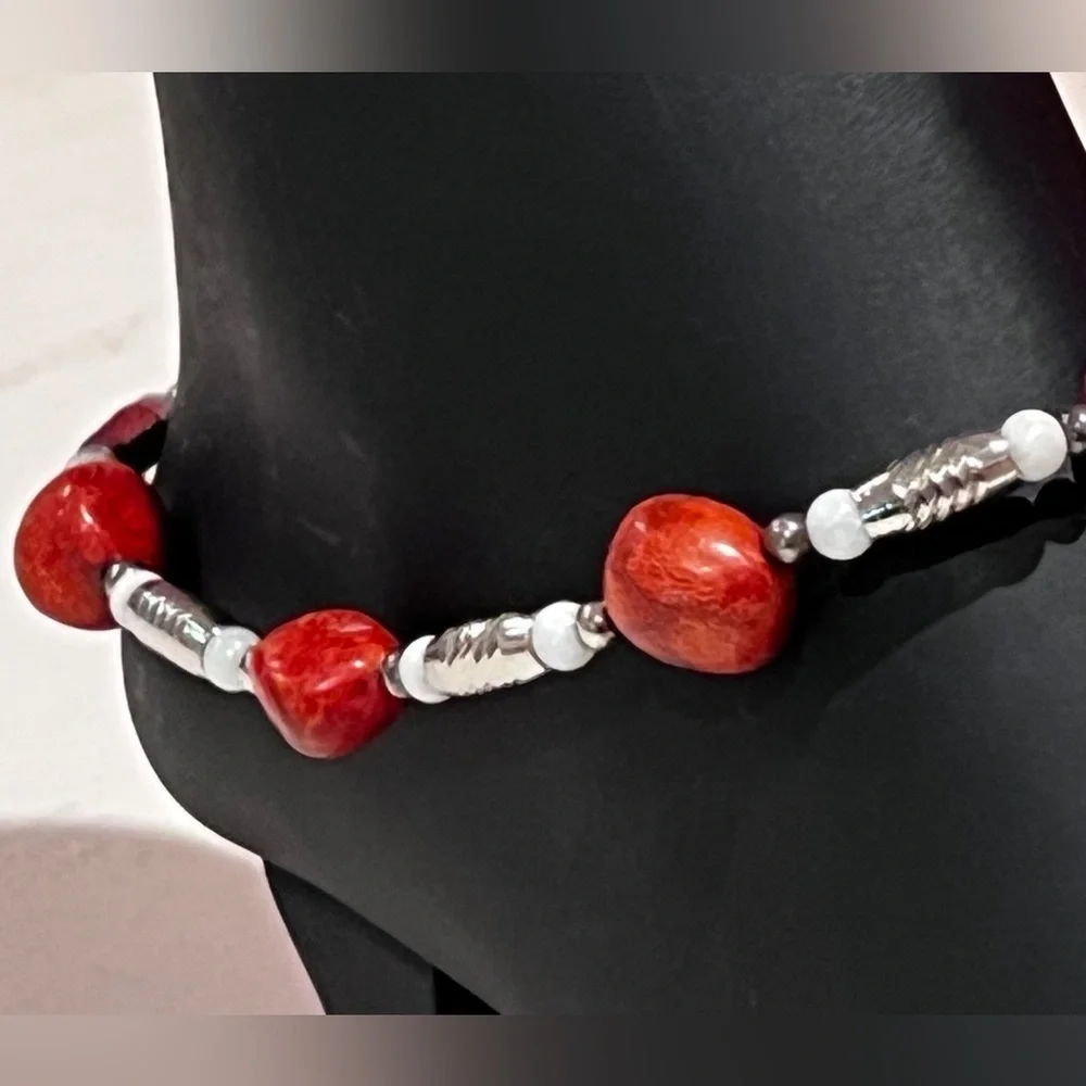 Red, Silver and White Handmade Jasper Beaded Bracelet